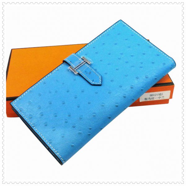Hermes Bearn Gusset Wallet Ostrich Leather Skyblue